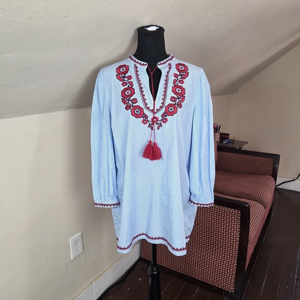 Brooks Brothers Embroidered Blouse Blue White Stripe Floral Tassel Women’s L